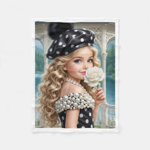 Elegant Girl with Polka Dot Hat and White Rose Fle Fleece Blanket