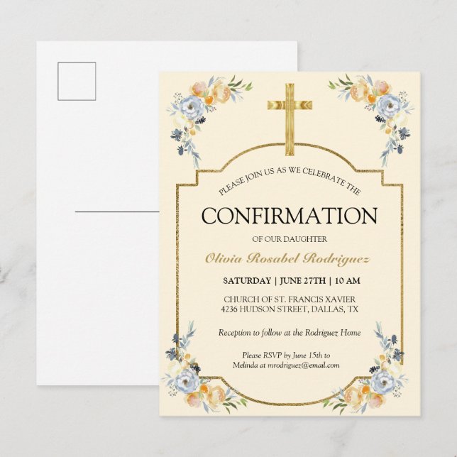 Elegant Girls Butter Cream Floral Confirmation Invitation Postcard (Front/Back)
