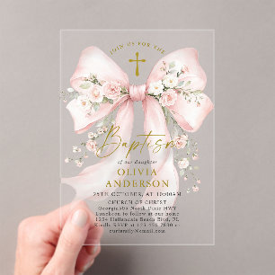 Elegant Girl's Christian Baptism Pink Floral Bow Acrylic Invitations