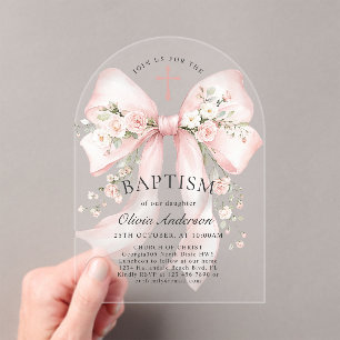 Elegant Girl's Christian Baptism Pink Floral Bow Acrylic Invitations