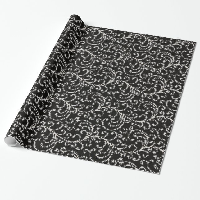 Elegant girly black floral pattern monogram wrapping paper (Unrolled)