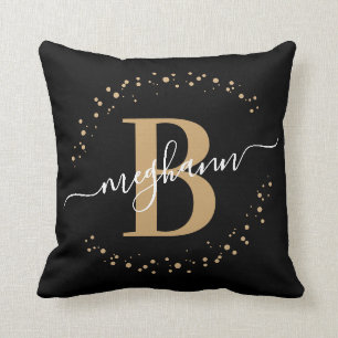 Elegant, Girly Black Gold Name Monogram Script Throw Pillow