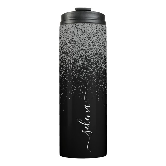Elegant Girly Black Silver Glitter Monogrammed Thermal Tumbler (Front)