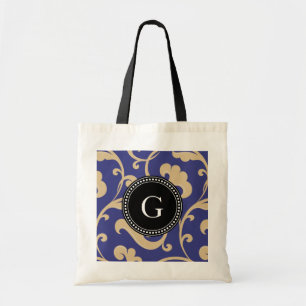 Elegant girly blue floral pattern monogram tote bag
