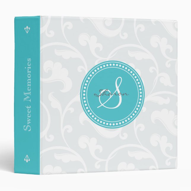 Elegant girly blue grey floral pattern monogram binder (Front/Spine)
