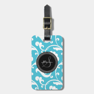 Elegant girly blue white floral pattern monogram luggage tag