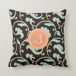 Elegant girly brown floral pattern monogram throw pillow