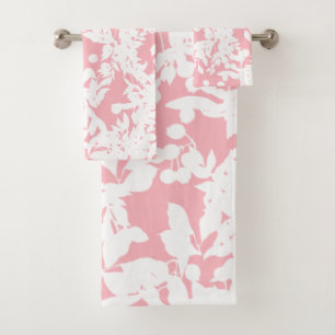 Elegant Girly Chic Pink Abstract Floral Foliage Bath Towel Set