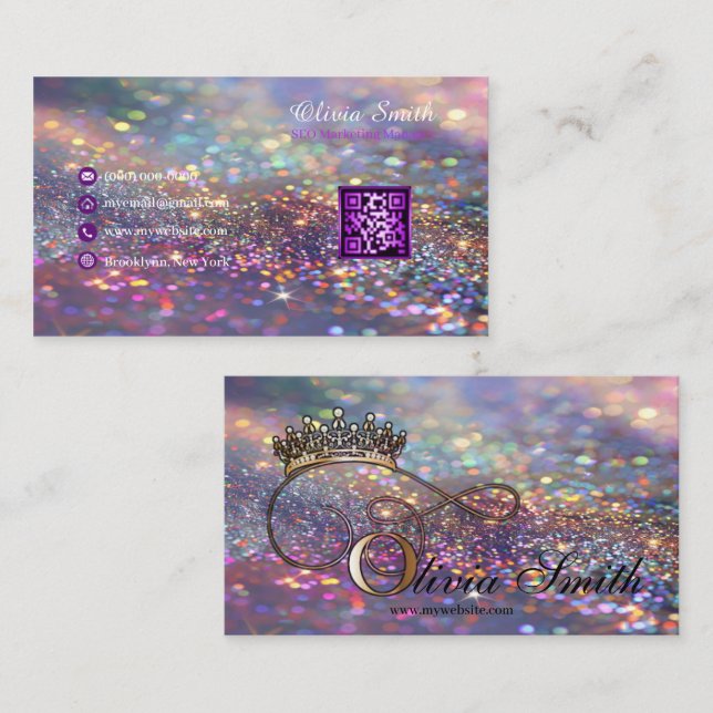 Elegant Girly Crown Colorful Glitter QR Code Business Card (Front/Back)