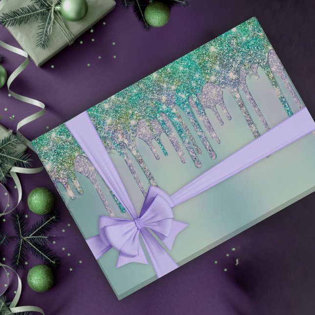 Elegant girly dripping faux turquoise glitter wrapping paper sheet (Creator Uploaded)