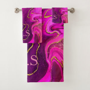 Elegant girly faux glitter marble art Monogram  Bath Towel Set
