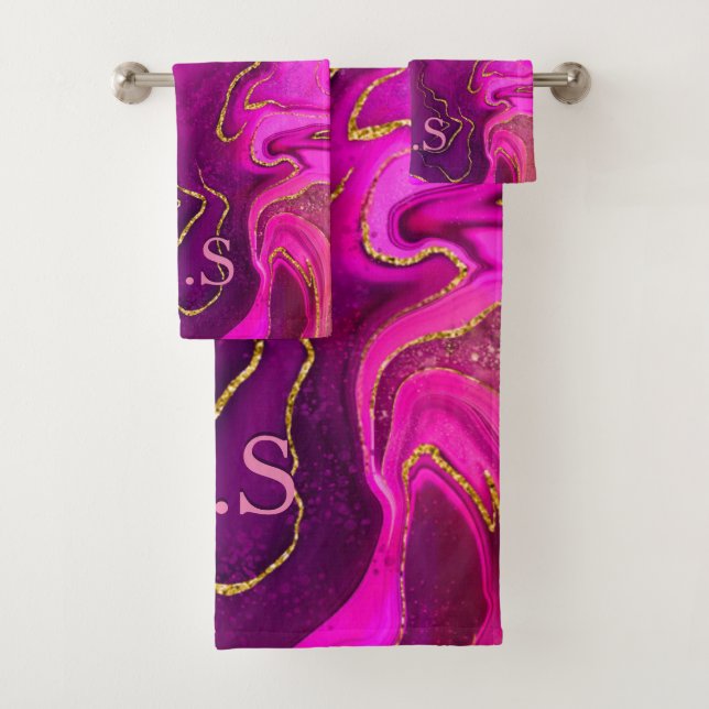 Elegant girly faux glitter marble art Monogram  Bath Towel Set (Insitu)