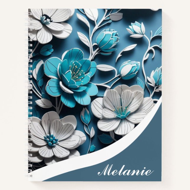 Elegant Girly Floral Blue Personalized Design  Notebook (Front)