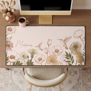 Elegant Girly Floral Botanical Hummingbird boho Desk Mat
