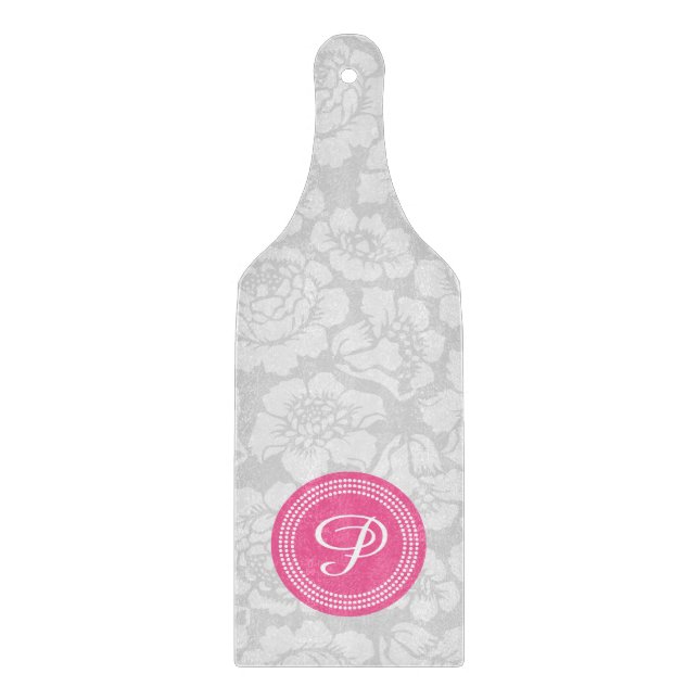 Elegant Girly Floral Grey & Pink Personalized Cutting Board (Front)
