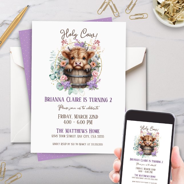 Elegant Girly Floral Highland Cow Birthday Party Invitation (Girly Elegant Floral Highland Cow Birthday Party Invitation for Little girls baby one two kids party)
