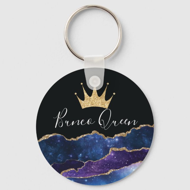 Elegant Girly Glitter Gold Crown Bunco Queen Keychain (Front)
