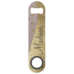 Elegant & Girly Gold Glitter Dots Beige Monogram Speed Bottle Opener