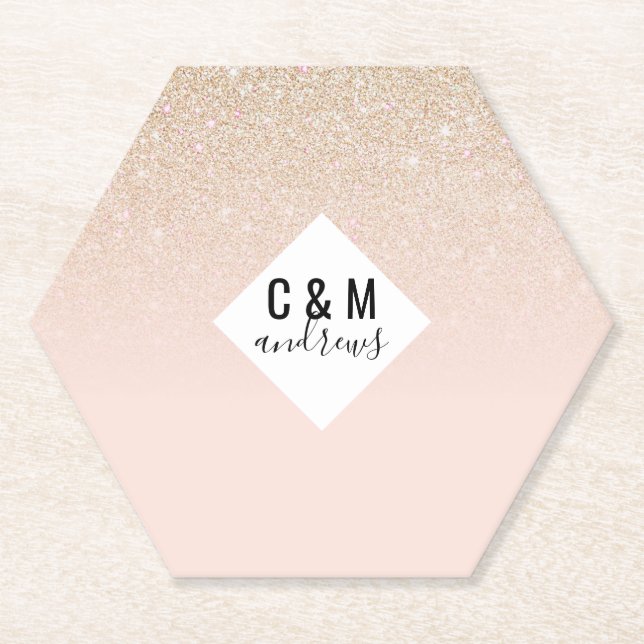 Elegant Girly Gold Rose Pink Glitter Ombre Paper Coaster (Front)