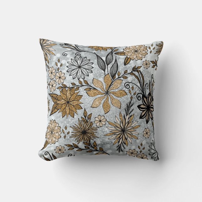Elegant Girly Gold & Silver Glitter Floral Design Throw Pillow (Front)