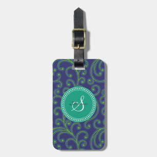 Elegant girly green blue floral pattern monogram luggage tag