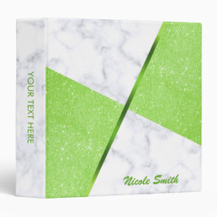 Elegant girly green glitter & white marble binder