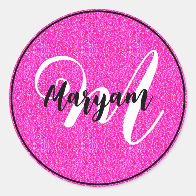 Elegant & Girly Hot Pink Glitter Monogram Name Classic Round Sticker (Front)