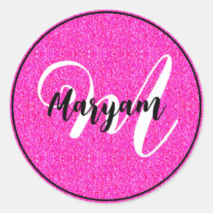 Elegant & Girly Hot Pink Glitter Monogram Name Classic Round Sticker