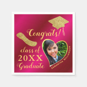 Elegant Girly Hot Pink Gold Photo 2025 Graduation Napkin