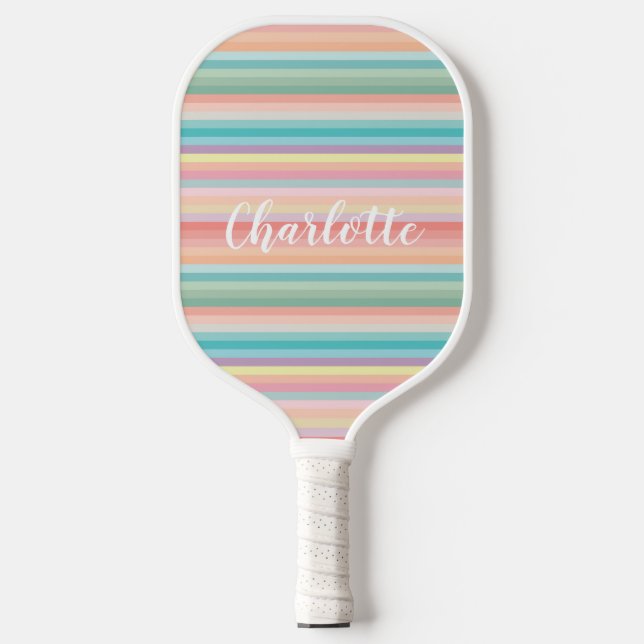 Elegant Girly Pastel Rainbow Stripes Personalized Pickleball Paddle (Front)