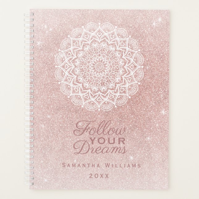 Elegant Girly Personalized Rose Gold Glitter Planner (Front)