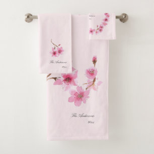 Elegant Girly Pink Cherry Blossom Floral Pattern Bath Towel Set