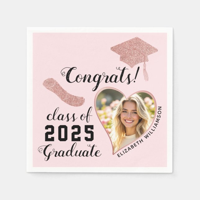 Elegant Girly Pink Class 2025 Photo Graduation Napkin (Front)