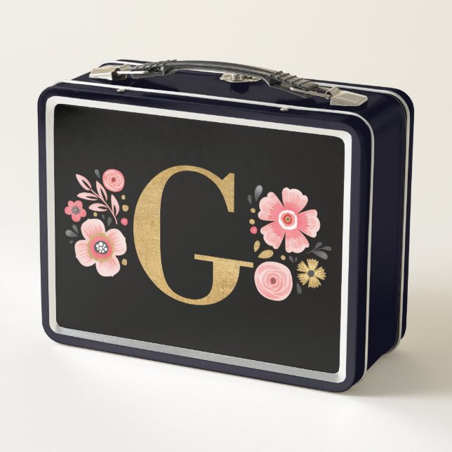 Elegant Girly Pink Floral Monogram Metal Lunch Box (Back)
