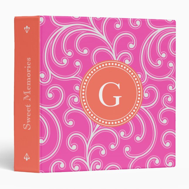 Elegant girly pink floral pattern monogram binder (Front/Spine)