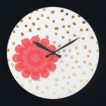elegant girly pink flower gold polka dots pattern large clock<br><div class="desc">Cute and elegant design representing pink flower and faux gold polka dots pattern.</div>