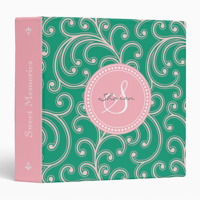 Elegant girly pink green floral pattern monogram binder (Front/Spine)
