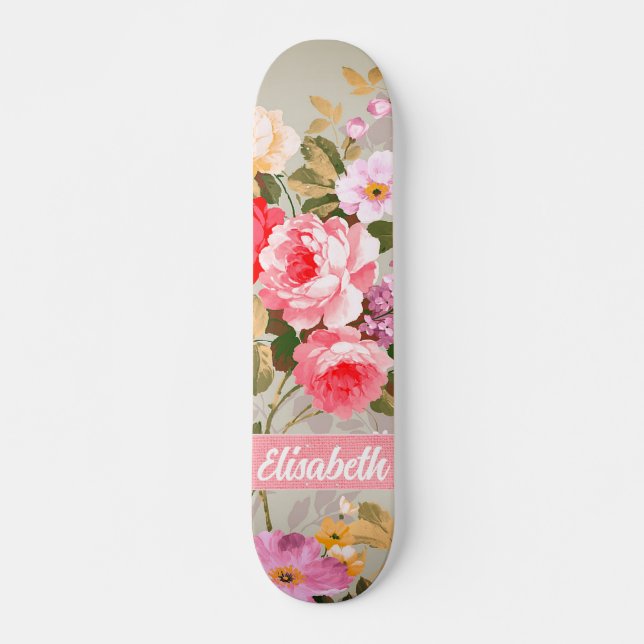 Elegant Girly Pink Red Roses Monogram Skateboard  (Front)