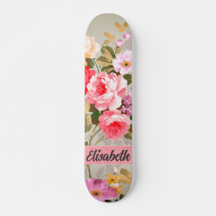 Elegant Girly Pink Red Roses Monogram Skateboard D