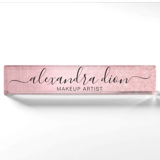 Elegant girly pink rose gold glitter makeup artist nameplate (Front)