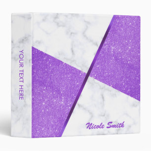 Elegant girly purple glitter & white marble binder
