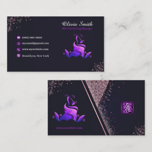 Elegant Girly Purple Navy Glitter QR Code Business Card