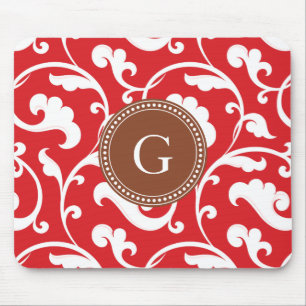 Elegant girly red floral pattern monogram mouse pad