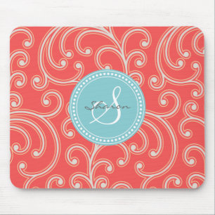 Elegant girly red floral pattern monogram mouse pad