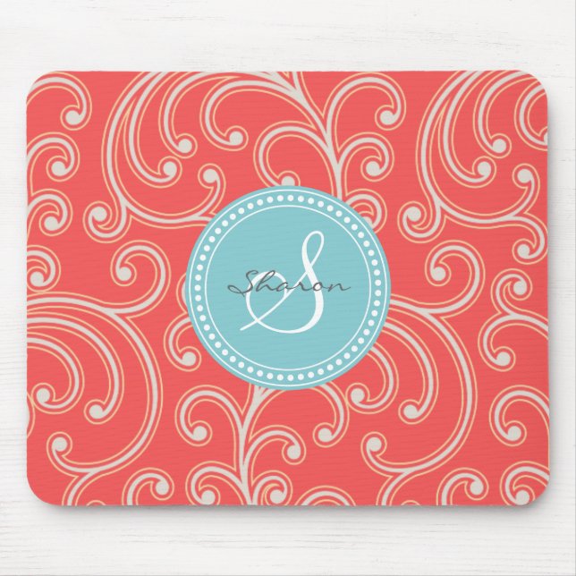 Elegant girly red floral pattern monogram mouse pad (Front)