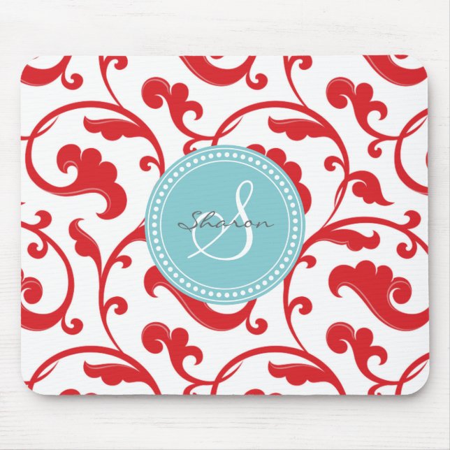 Elegant girly red floral pattern monogram mouse pad (Front)