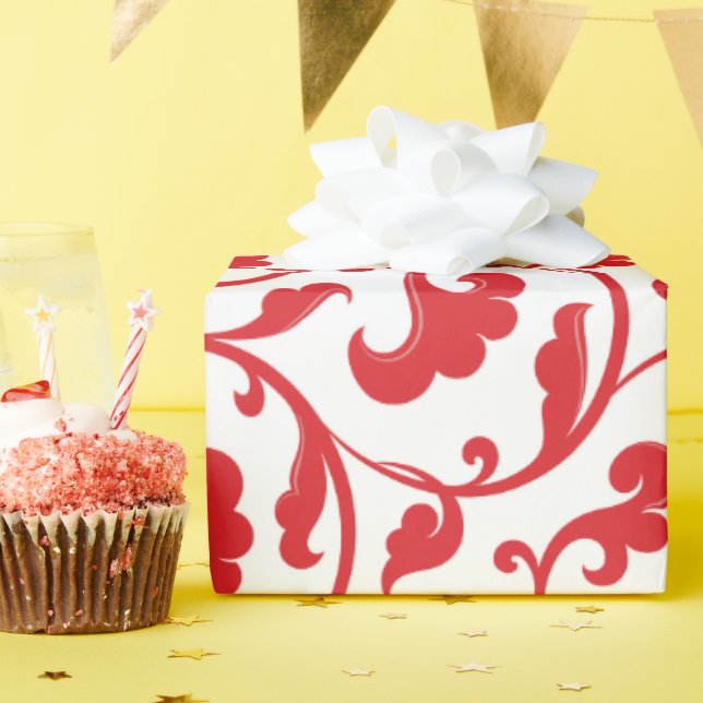 Elegant girly red floral pattern monogram wrapping paper (Birthday Party)