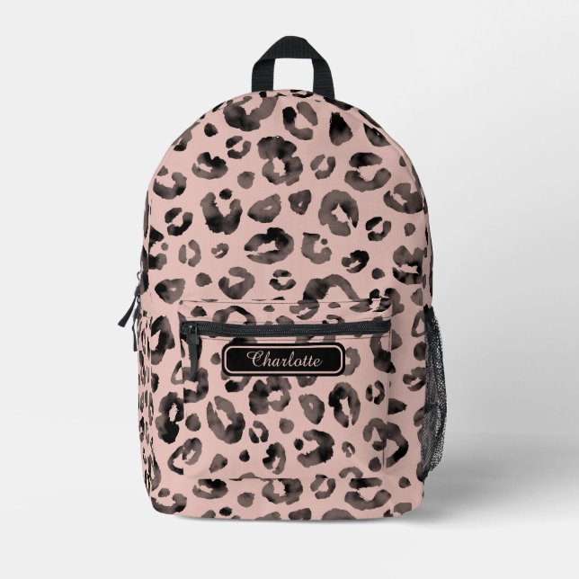 Elegant Girly Rose Gold Black Leopard Print Cool  Printed Backpack (Front)