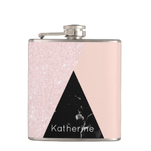 Elegant girly rose gold glitter & back marble hip flask