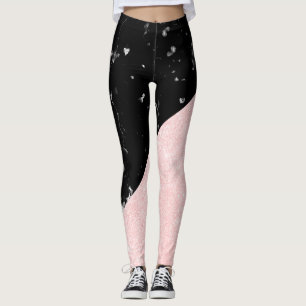 Elegant girly rose gold glitter & black marble leggings